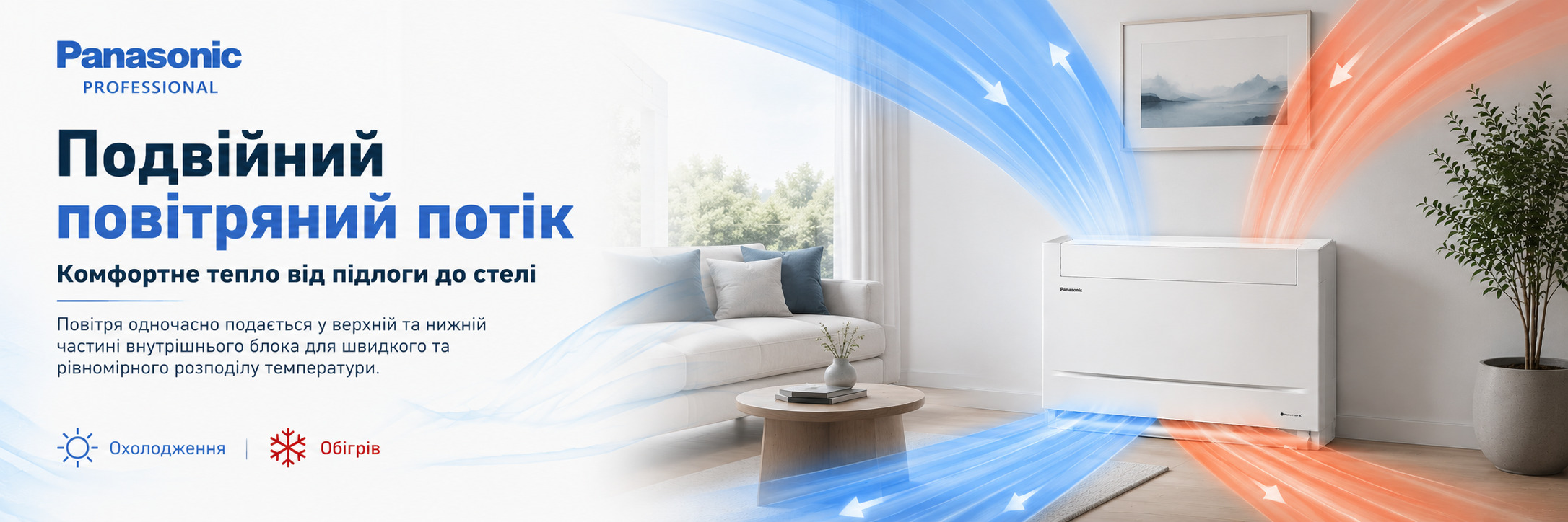 Panasonic Floor Console — двойной воздушный поток Напольно-консольный кондиционер Panasonic Floor Console с системой двойного воздушного потока для равномерного охлаждения и обогрева помещения