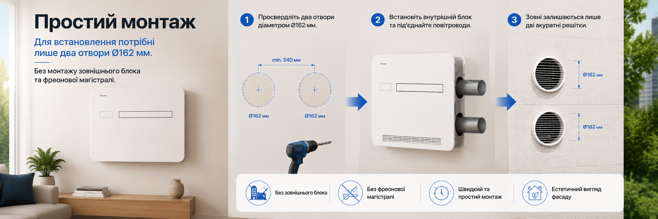Простой монтаж кондиционера Panasonic P-MOG16IC5-E без наружного блока Простой монтаж кондиционера Panasonic P-MOG16IC5-E без наружного блока через два вентиляционных отверстия