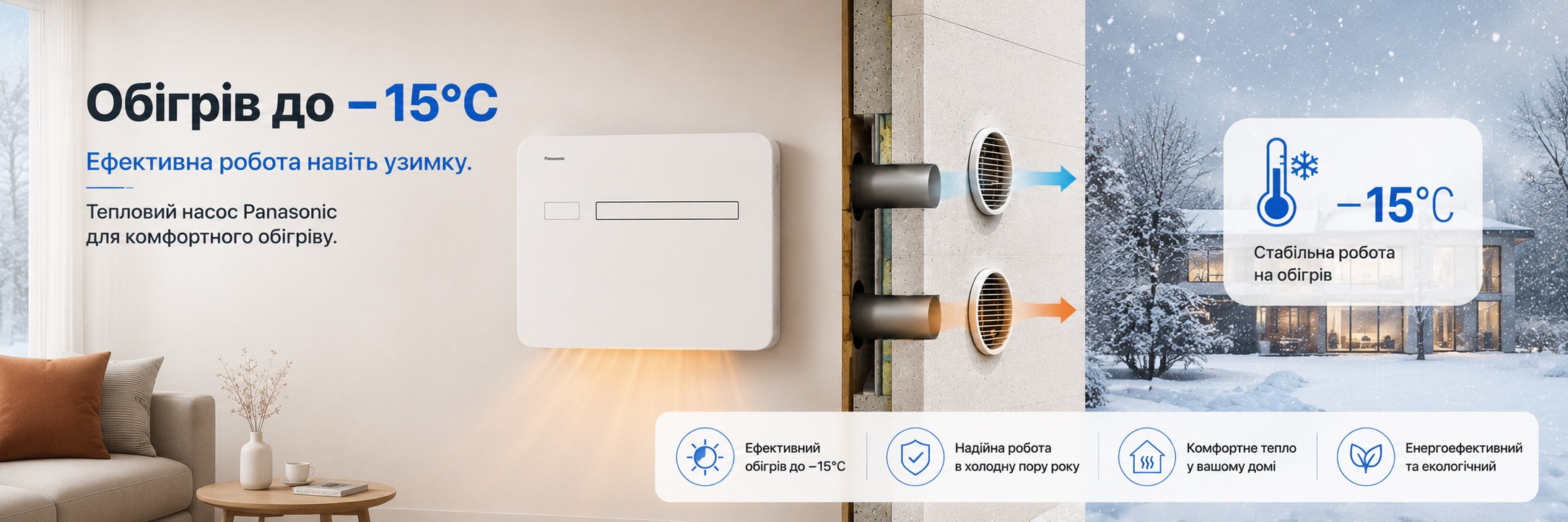 Обогрев помещения при температуре до -15°C Кондиционер Panasonic P-MOG16IC5-E работает на обогрев при наружной температуре до -15°C