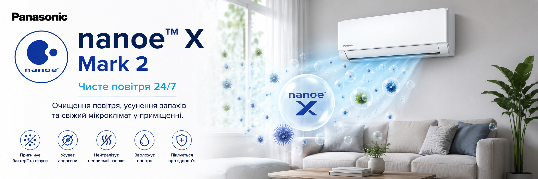 Кондиционеры Panasonic TZ Compact CKE технология nanoe™ X Mark 2 Технологии Panasonic nanoe™ X Mark 2 для очистки воздуха, уменьшения запахов и поддержания свежего микроклимата