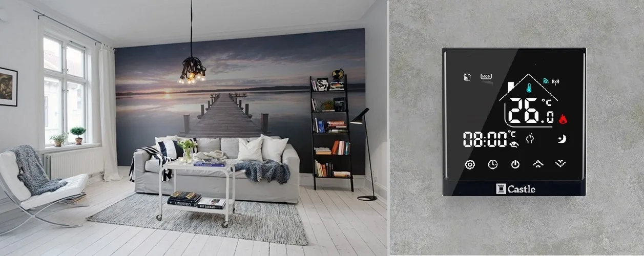 Wi-Fi терморегулятор Castle AC-8400H Black на стене в комнате Wi-Fi терморегулятор Castle AC-8400H черный в интерьере