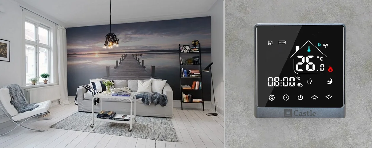 Wi-Fi терморегулятор Castle AC-8400H Silver на стене в комнате Wi-Fi терморегулятор Castle AC-8400H серебряный в интерьере