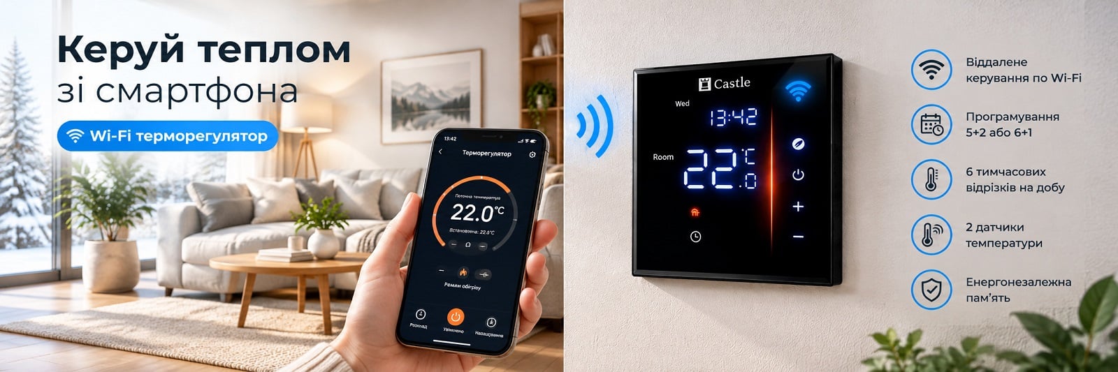 Wi-Fi Терморегулятор Castle AC601 черный на стене в комнате