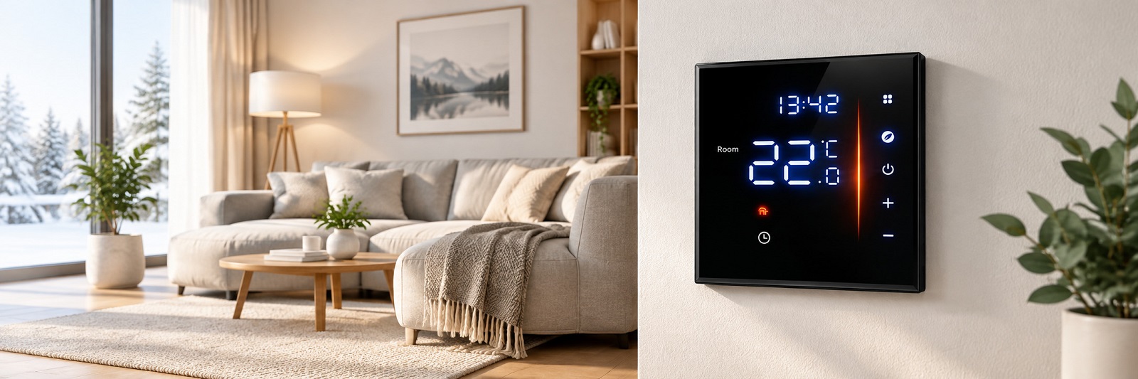 Программируемый терморегулятор Castle AC601H черный в современном интерьере Программируемый терморегулятор Castle AC601H черный на стене в комнате
