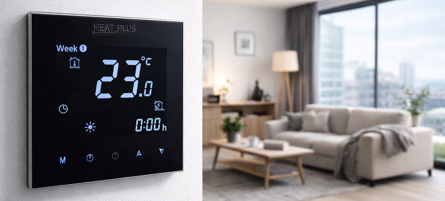 Черный терморегулятор Heat Plus BHT-2000 с Wi-Fi и программированием режимов