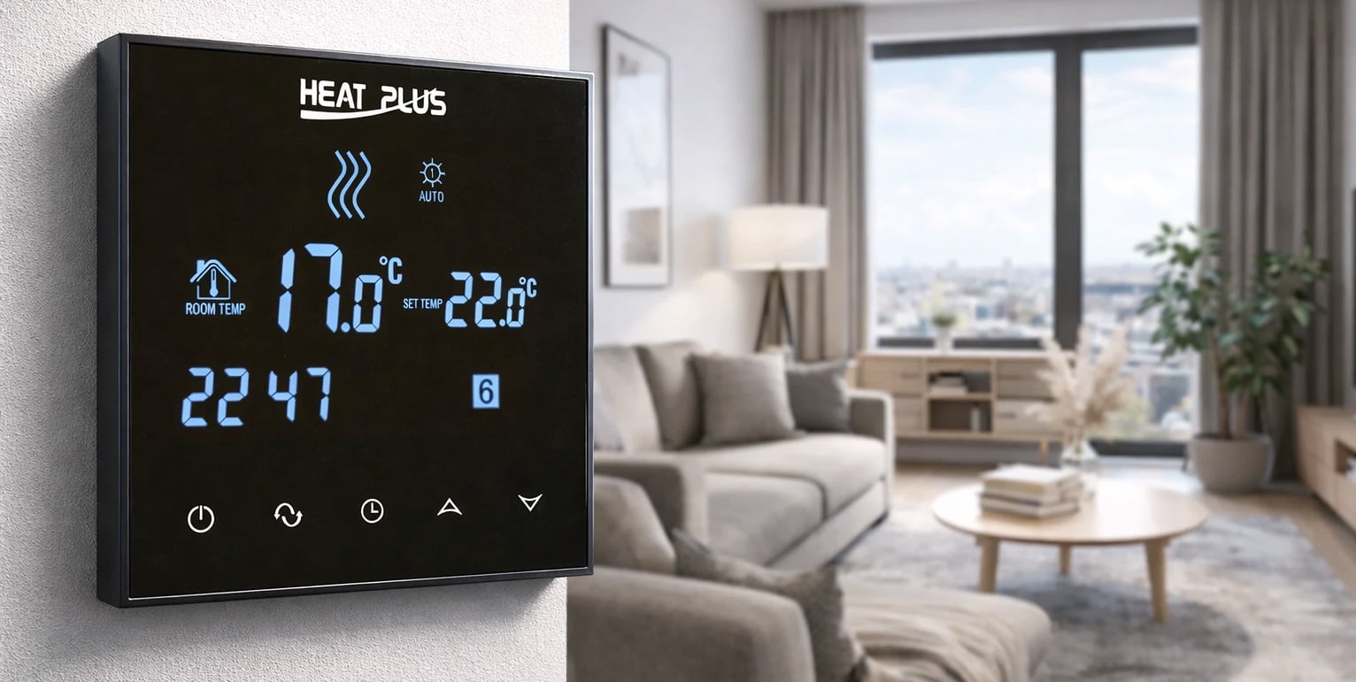 Чорний терморегулятор Heat Plus BHT-800B з Wi-Fi і програмуванням режимів