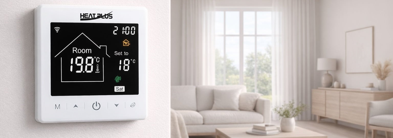 Wi-Fi терморегулятор Heat Plus M2-1.716 програмований для теплої підлоги, білий Програмований сенсорний терморегулятор Heat Plus M2-1.716 Wi-Fi, білий, для електричної теплої підлоги