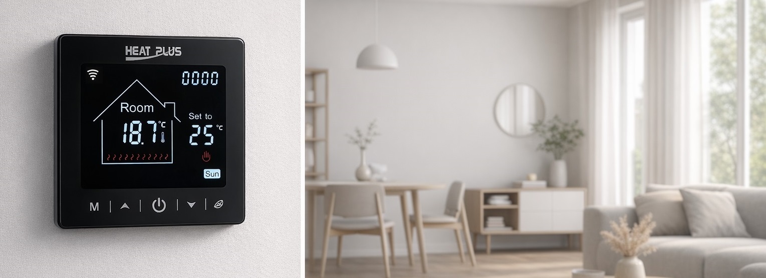 Wi-Fi терморегулятор Heat Plus M2-1.716 програмований для теплої підлоги, чорний Програмований сенсорний терморегулятор Heat Plus M2-1.716 Wi-Fi чорний, для електричної теплої підлоги