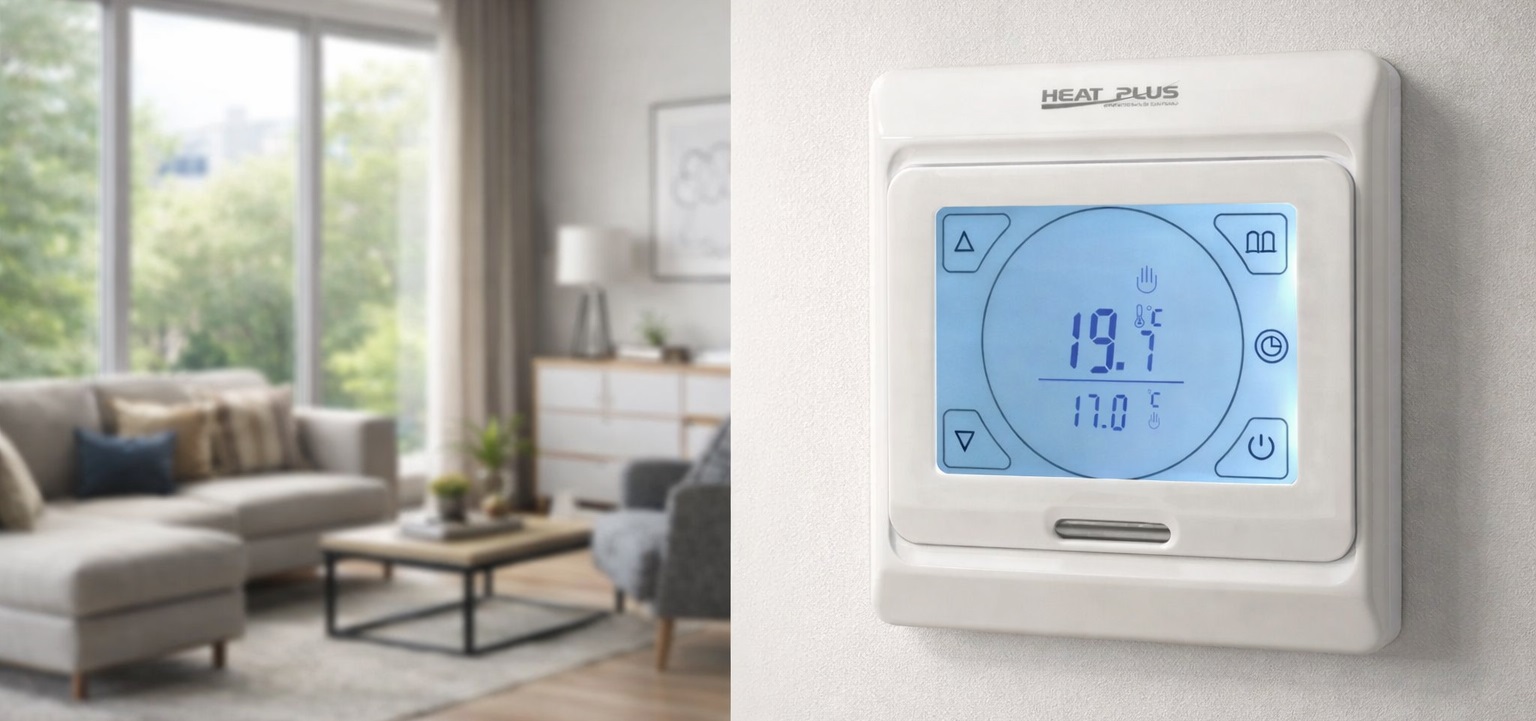Програмований терморегулятор Heat Plus M9.716 білий в інтер'єрі Білий терморегулятор Heat Plus M9.716 із програмуванням режимів