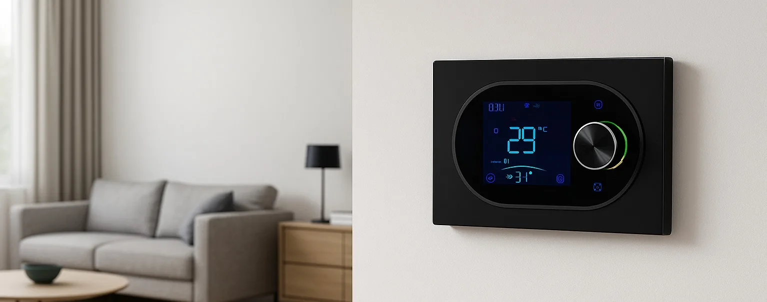 Терморегулятор In-Therm PWT 900 чорний в інтер'єрі Терморегулятор In-Therm PWT 900 чорного кольору на стіні