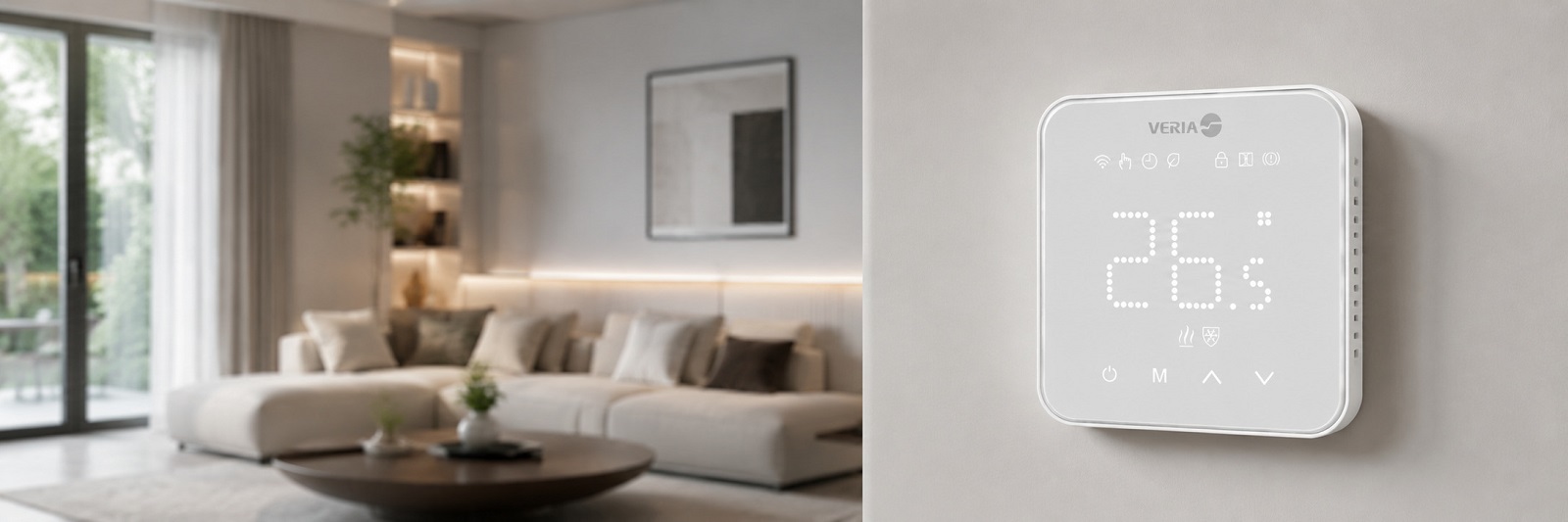 Термостат Veria Control WT45 Wi-Fi белого цвета на стене в комнате