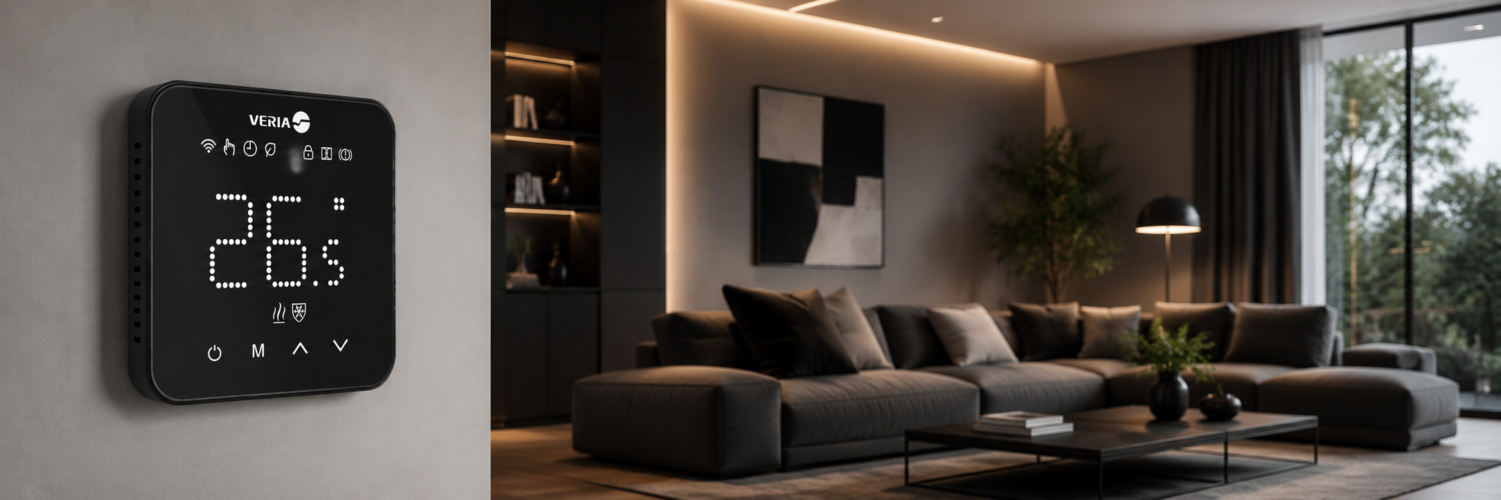 Термостат Veria Control WT45 Wi-Fi черного цвета на стене в комнате